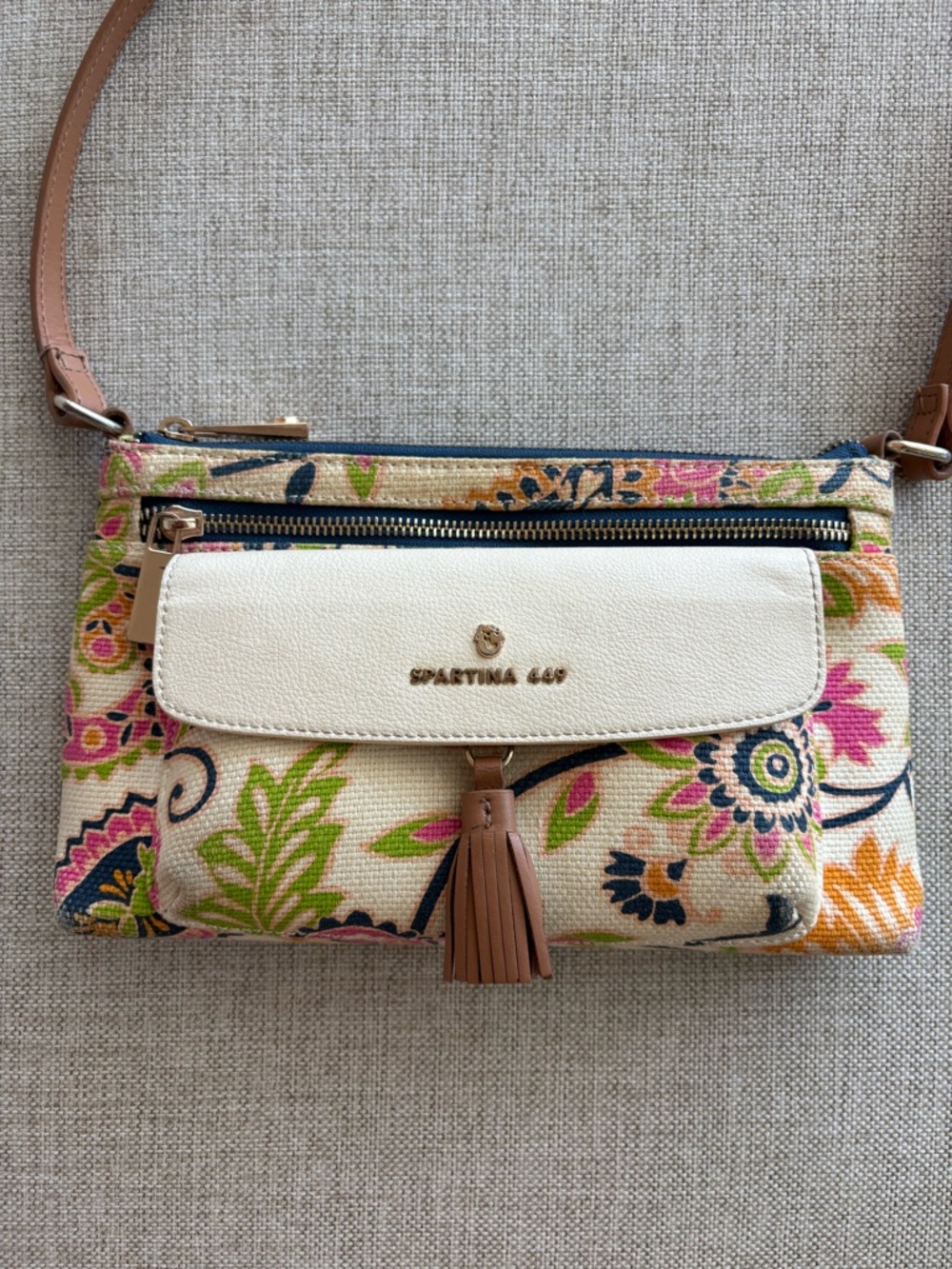 Spartina 449 Floral Crossbody Bag Canvas Leather Trim Tassel Coastal - Picture 3 of 14
